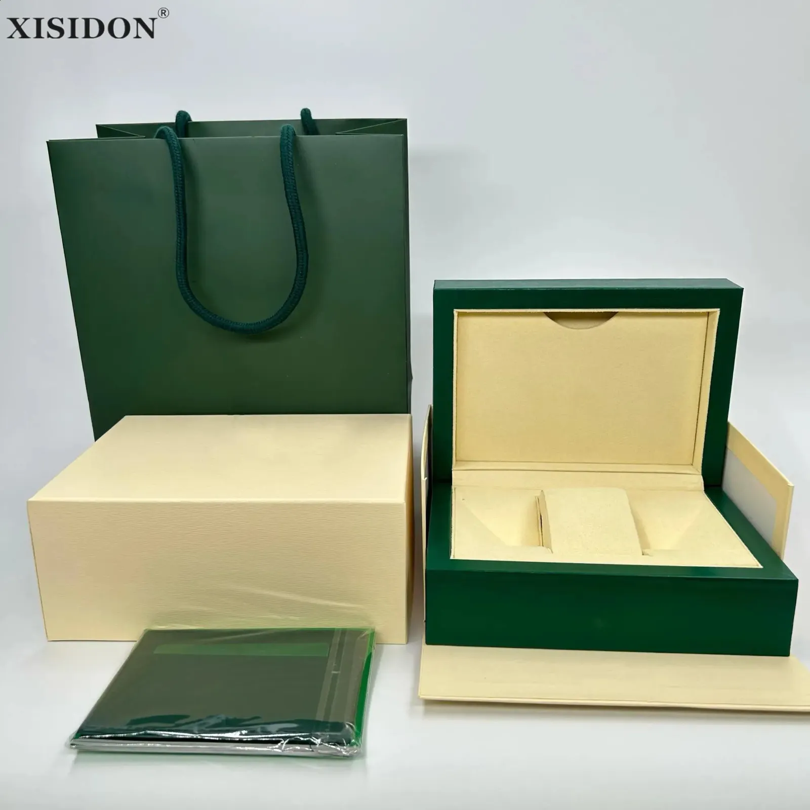 Titta på lådor Fall Factory Outlet Green Watch Box med väskor med broschyr och kort kan anpassa lyxkvinna Watches Cases Man AAA Watches Gift 231116