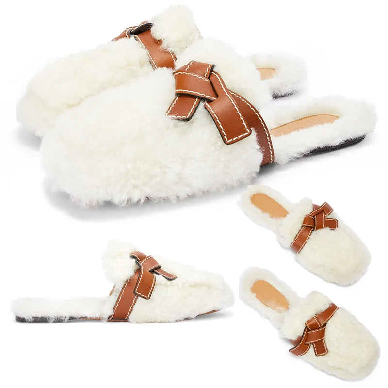 Ciabatte da donna di alta qualità firmate Gate Mule in shearling con cinturino annodato in pelle con papillon classico da donna