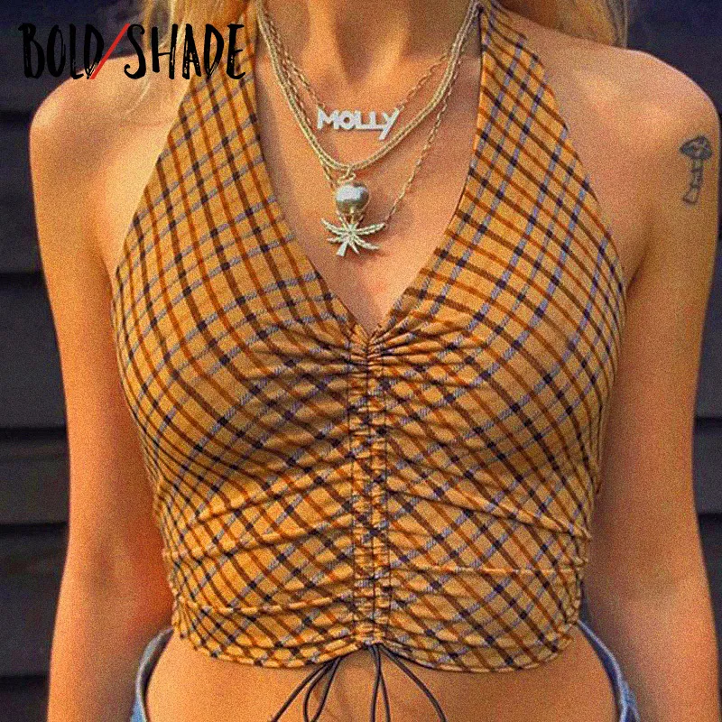 Débardeurs pour femmes Camis Bold Shade Streetwear 90s Sexy Dos Nu Ruché Plaid Imprimé Halter Tops Rétro Y2K Esthétique Bandage V Profond Cordon Crop 230417