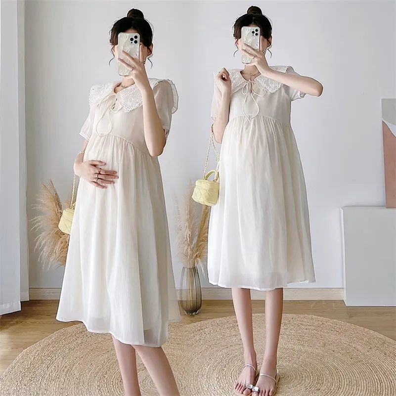 Maternity Dresses 5043# Summer Korean Fashion Maternity Long Dress Sweet Chic Ins A Line Clothes for Pregnant Women Ins Postpartum Pregnancy 230417