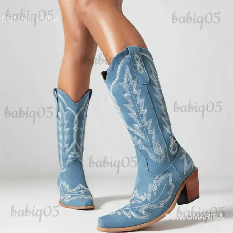 Laarzen Borduren Cowboylaarzen Voor Vrouwen Knie Hoge Mid Kuit Vintage Westerse Cowgirl Laarzen Vrouwen Hakken Casual Schoenen Herfst Blok hak T231117