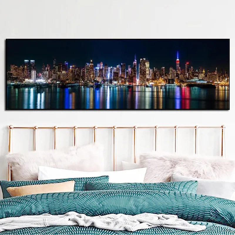 Skyline of Manhattan Canvas Art impressões Vista noturna dos pôsteres e impressões da cidade de Nova York Pintura de lona para a cama Cuadros Decor