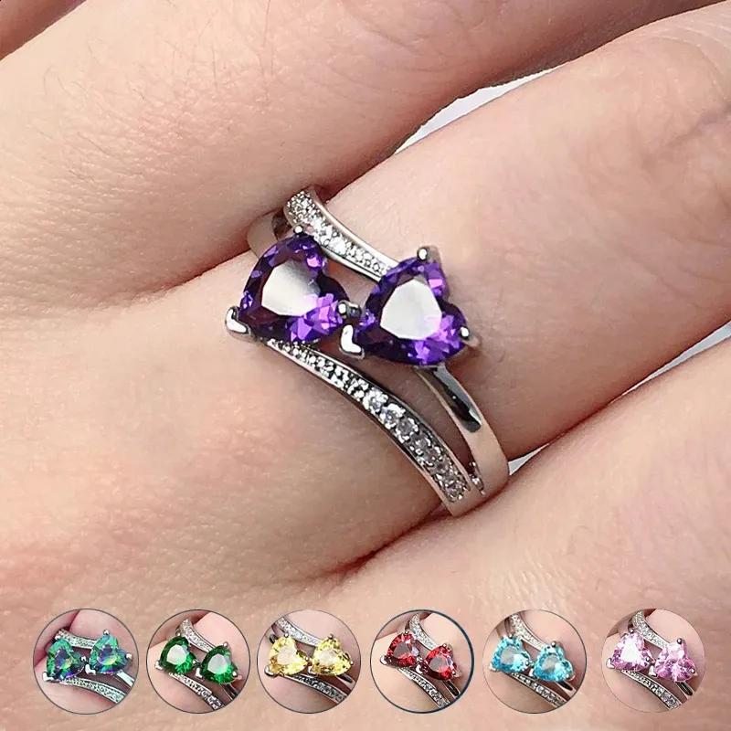 Pierścień Solitaire Huitan Stylowe pierścionki żeńskie Silverplate podwójne w kształcie serca Cubic Zircons Wedding Pierdzież dla kobiet Dziewczyny Miły prezent na urodziny 231116