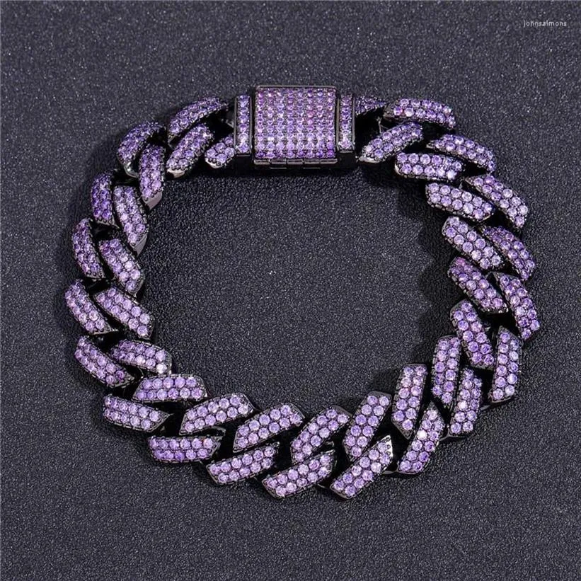 Bracelets à maillons chaînes glacées pour hommes et femmes, 15MM, noir, violet, cubain, pierre CZ, Hip Hop, bijoux 209l