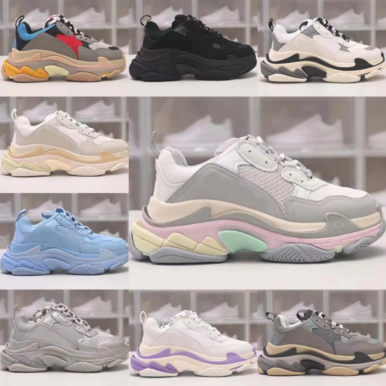 Triple S vecchie scarpe Scarpe casual Chunky Uomo Sneaker Runner Blu ghiaccio Grigio Trainer Lime Argento metallizzato Pastello Fluo Verde Scarpe da papà Stilista Chaussures Taglia 35-44