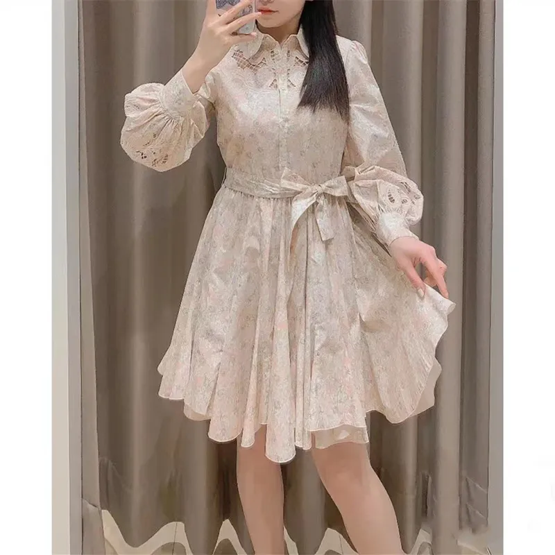 Casual Dresses Maje Womens Belted Tie Print Shirt Dress New2023 Size S-L