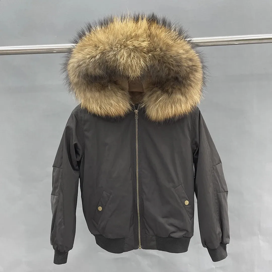 Veste bombardier en fausse fourrure pour femme, parka chaude d'hiver noire à capuche en vrai raton laveur avec manteaux doublés, 231116