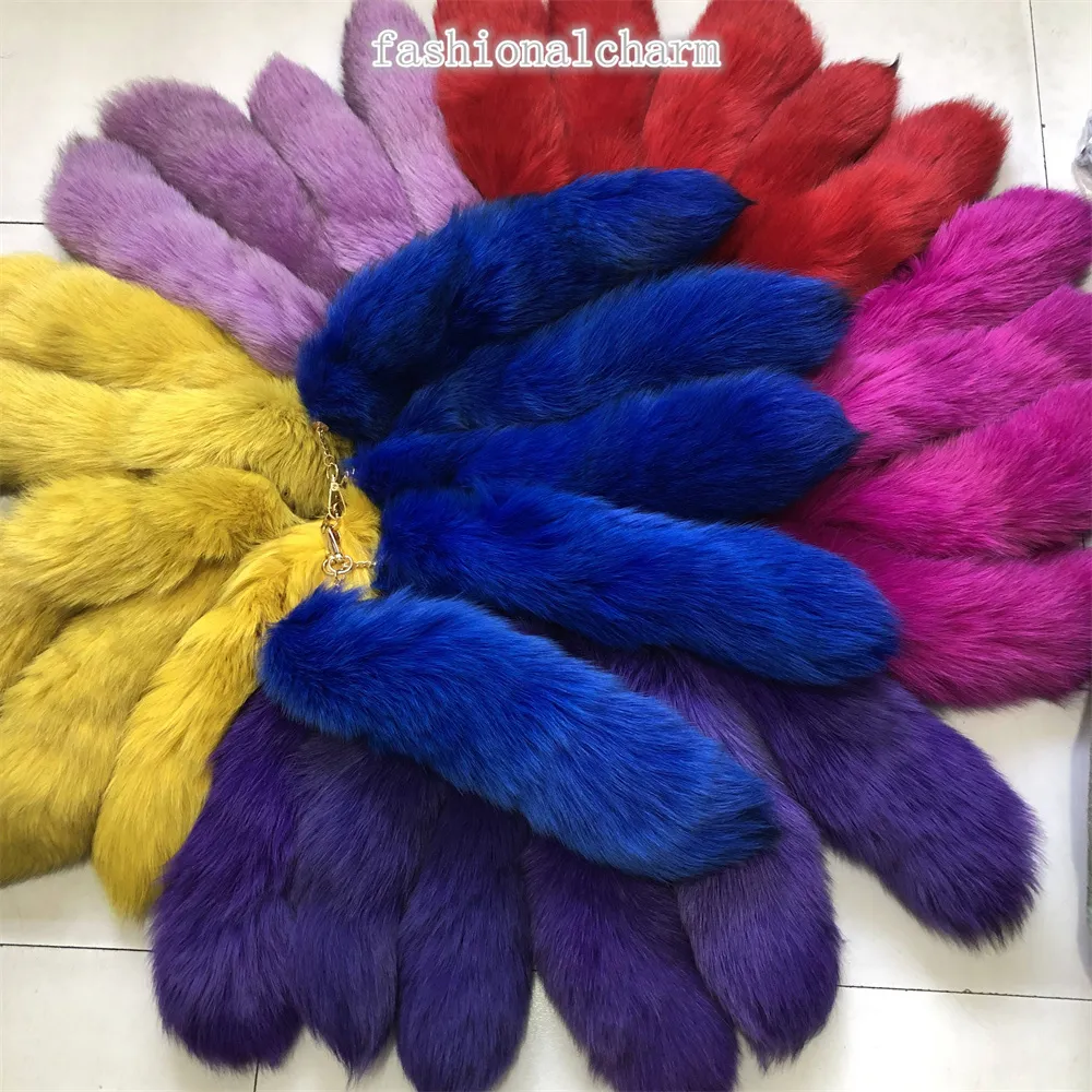 10pcs/lot- 40cm/16 "실제 여우 모피 꼬리 자연 파란색 여우 모피 꼬리 키 체인 의상 코스프레 장난감 가방 지갑 펜던트 술에서 염색