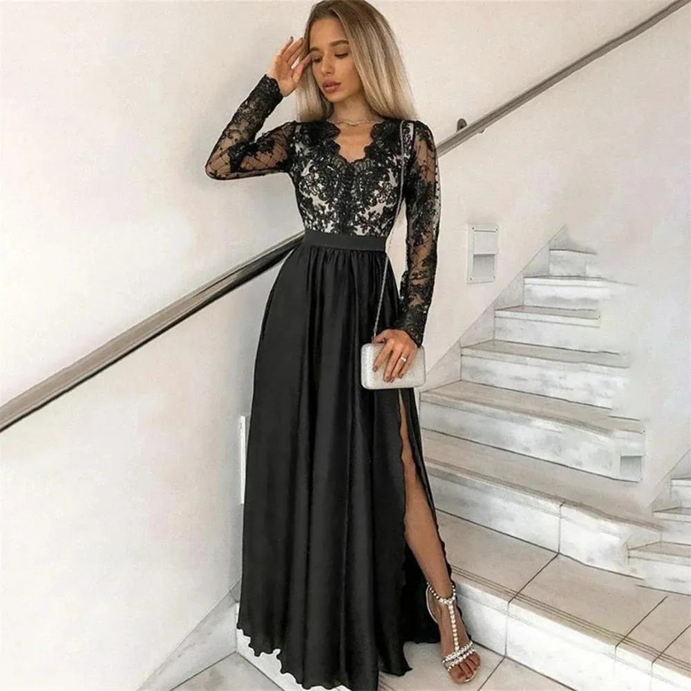 Robe de bal en dentelle noire, manches longues, col en V, fente latérale, robe formelle, tache de plage, longue robe de soirée