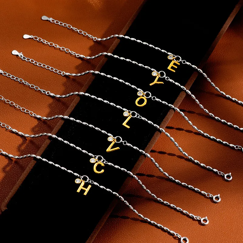 A-Z na moda feminina pulseira 925 prata esterlina bling cz cor de ouro carta pulseira links para meninas feminino agradável presente para amigo