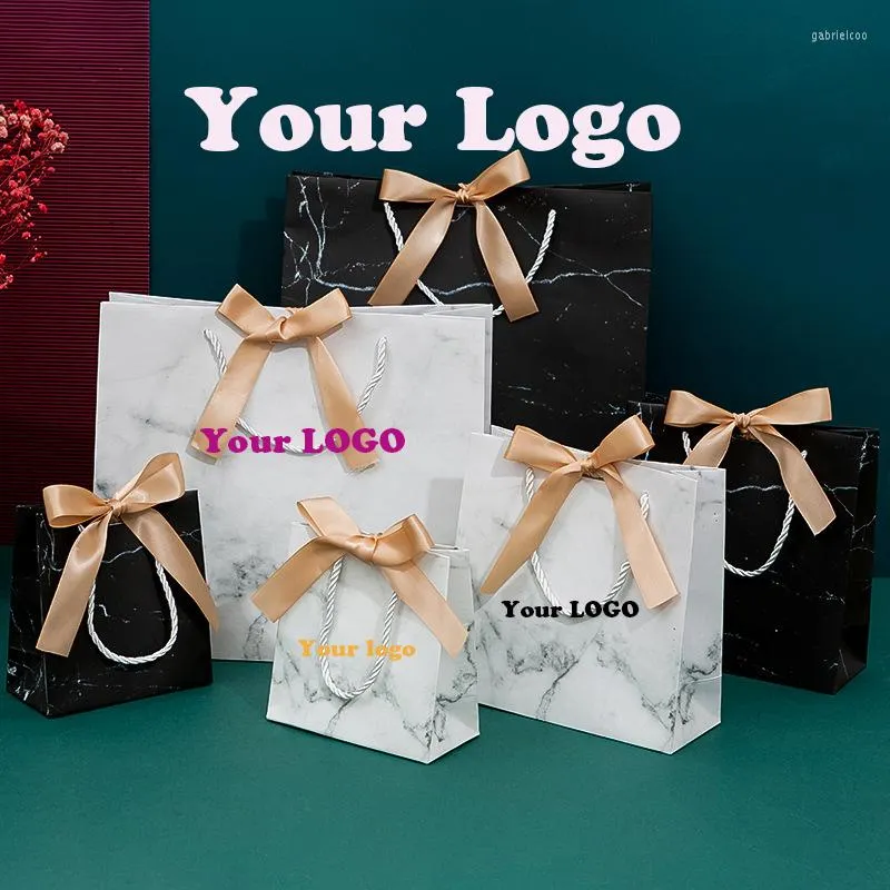 Confezione regalo 20 pezzi Borsa a nastro con stampa in marmo personalizzata personalizzata Etichetta privata per imballaggio di compleanno in carta per piccole imprese