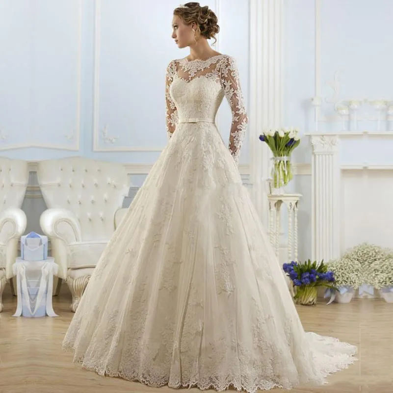 Abiti da sposa personalizzati in pizzo a maniche lunghe per abiti da sposa da sposa 2024 Eleganti con applicazioni a fascia Strascico di corte Gioiello Collo A Line Abito da sposa