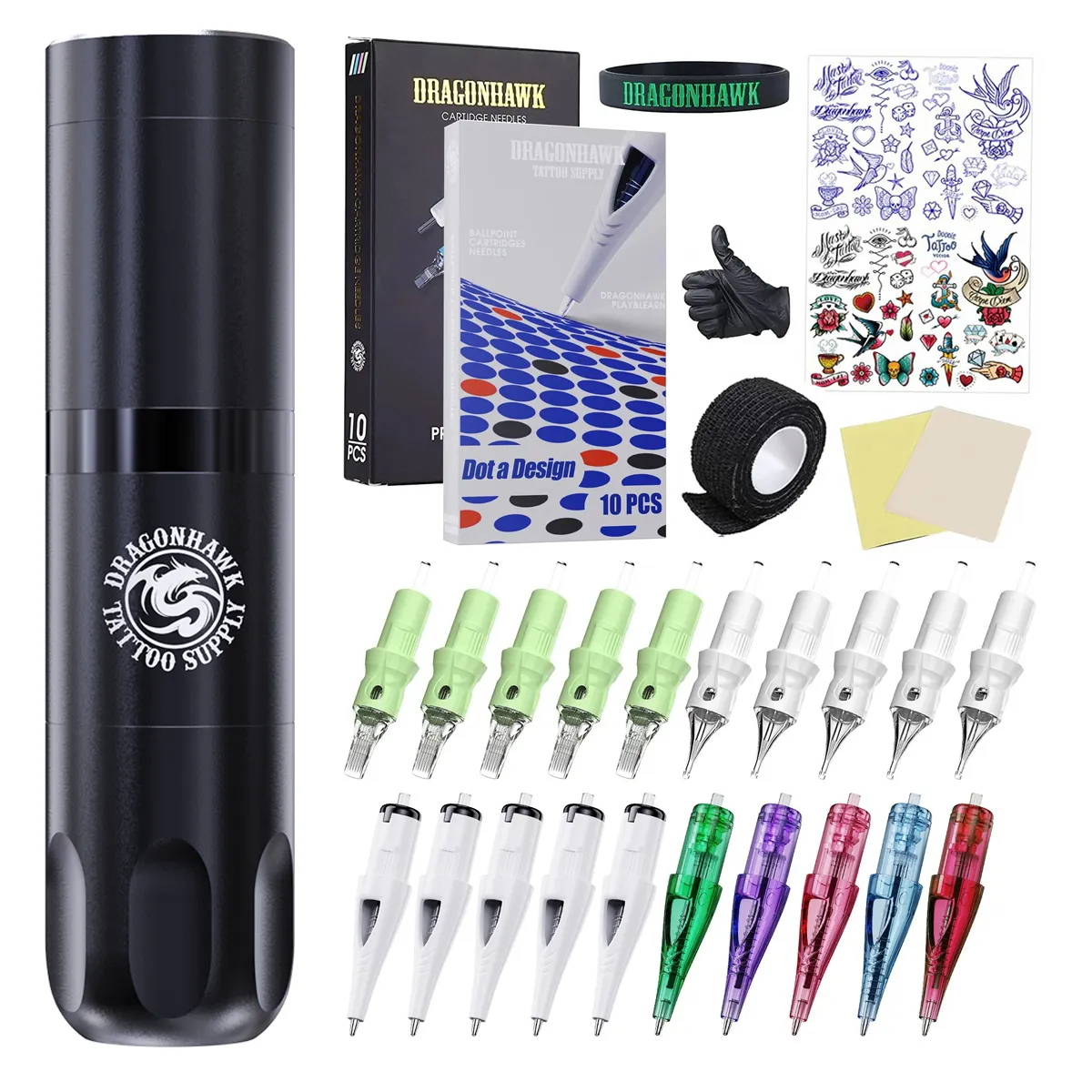 Dragonhawk X3 Wireless Tattoo Kit Rotary Pen Machine Cartridges Supply For Beginner Player TZ
