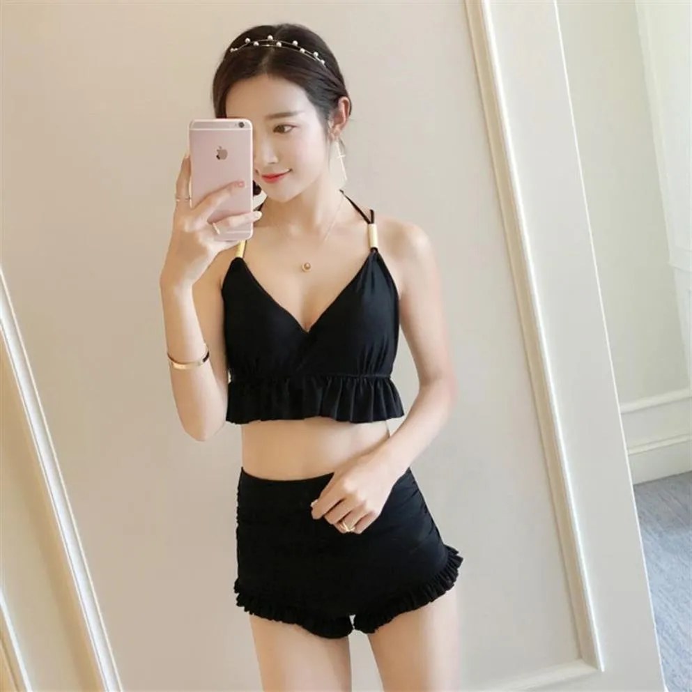 Korean Summer Sexy Simple Black Sleeveless Halter Princess Tankini Bathing Suit Two Piece Modest Swim Suit272d