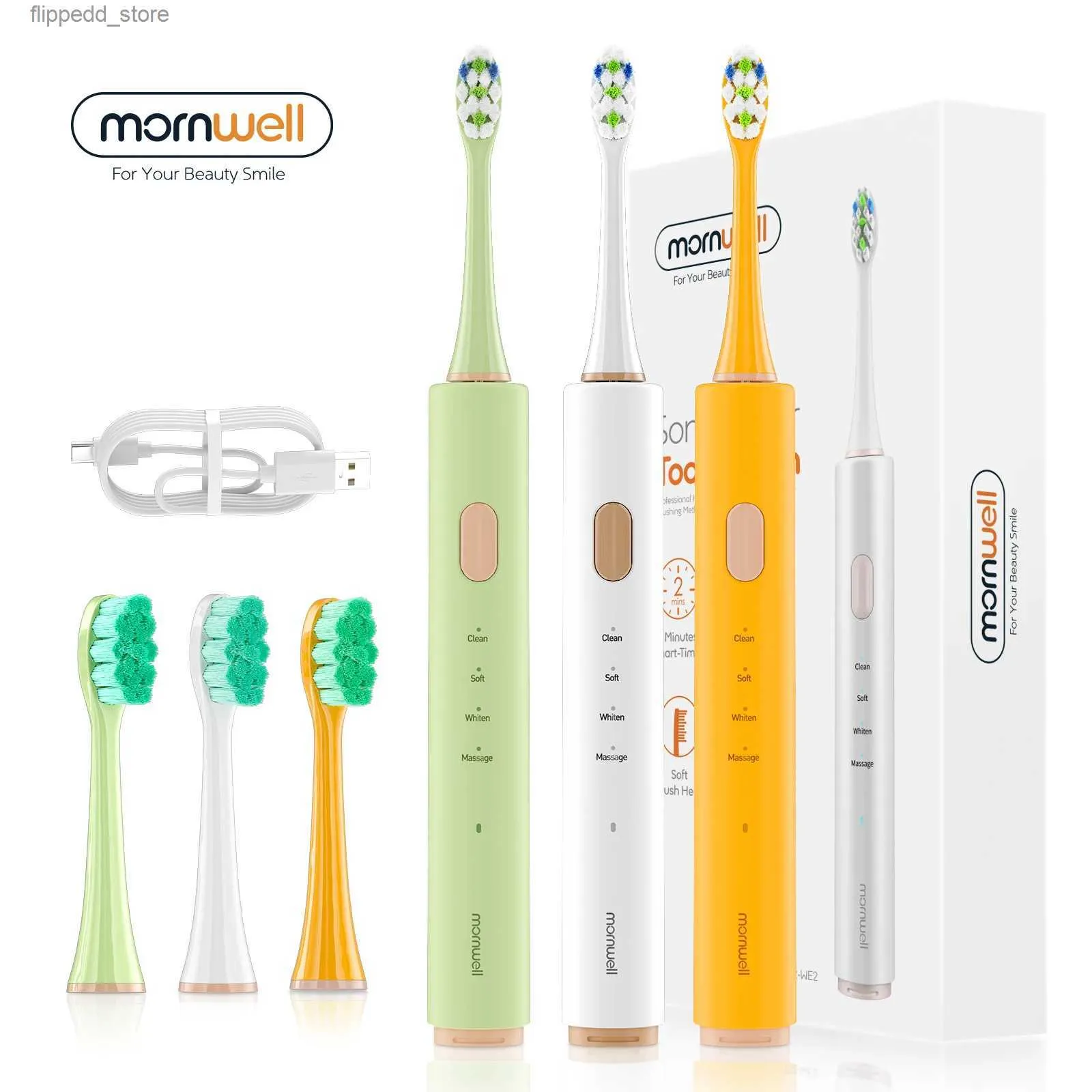 Toothbrush Mornwell Electric Sonic Toothbrush T32 USB Charge Rechargeable Adult Waterproof Electronic Tooth 2 Brushes Replacement Heads Q231117