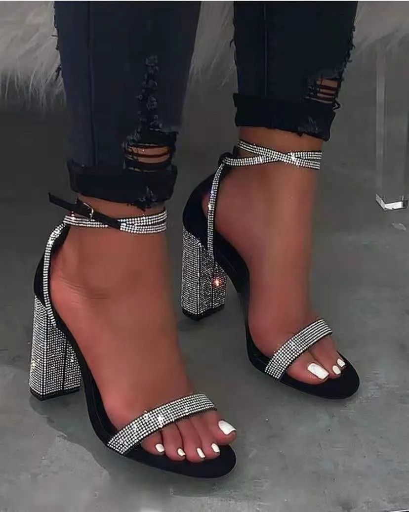 Topuk Ayakkabı Kadınlar Commore Partisi Tıknaz Yüksek topuklu ayak bileği kayış sandaletleri kadınlar için 43 siyah 23041 25