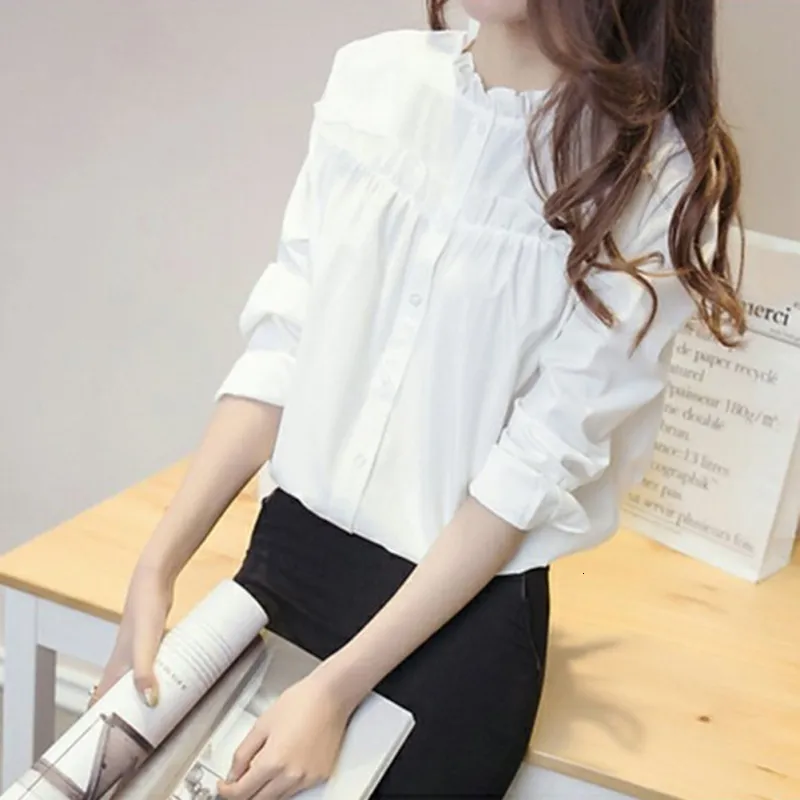 Women's Blouses Shirts White Korea Top Women Ruffled Collar Peplum Long Sleeve Elegant Plain Blouse Female Shirt High Quality S-3XL XXXL 230417