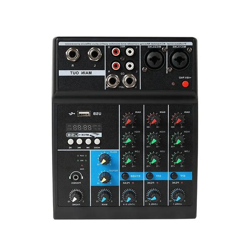 Livraison gratuite Bluetooth Audio Mixer Karaoké professionnel avec amplificateur USB DJ Sound Mixing Console MP3 Jack 2 canaux Microphones Mixe Aeau