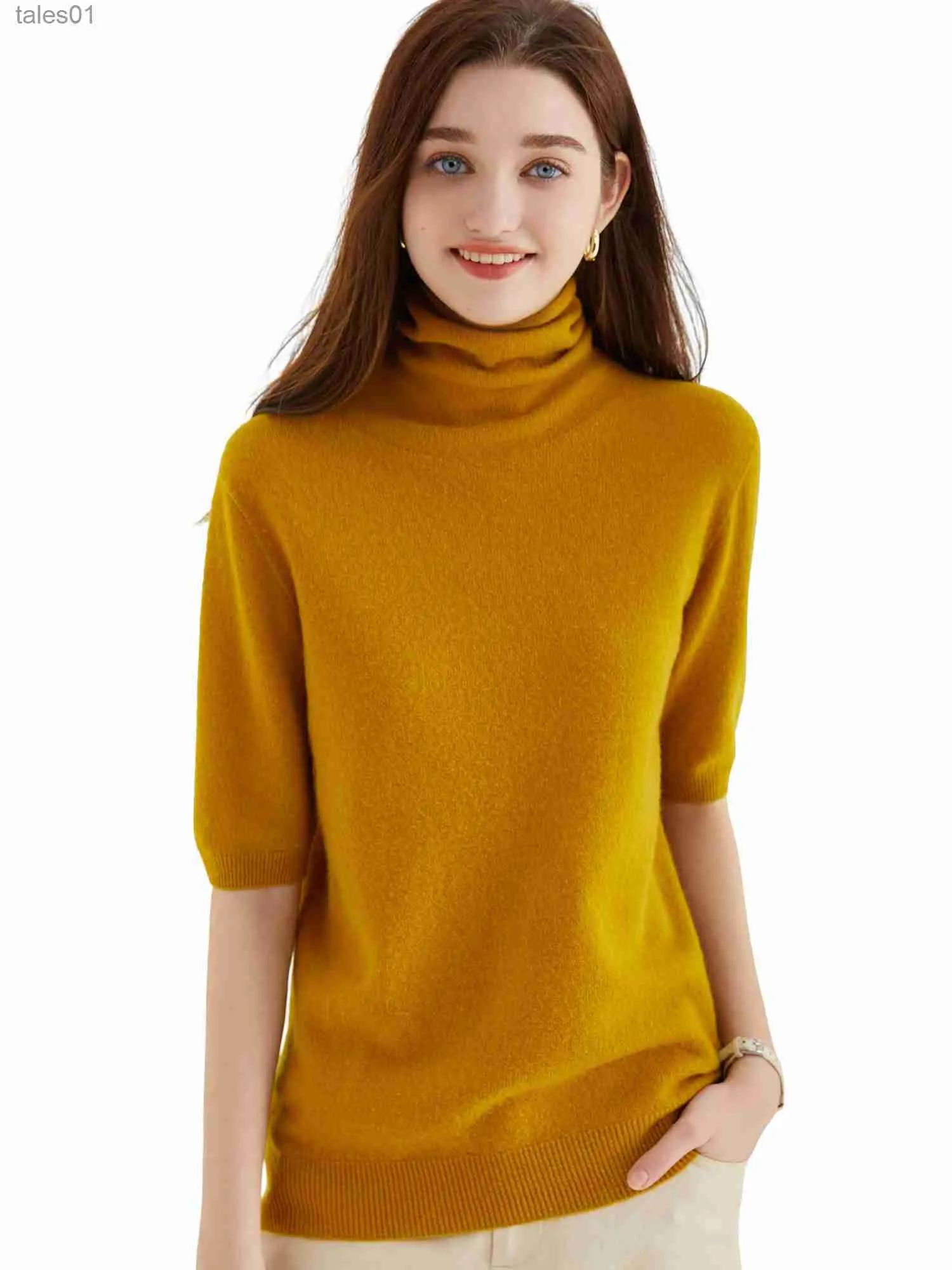 Kvinnors tröjor Kvinnors tröja Short Sleeve Fashion Women Sweaters 2023 Ny 100% Merino Wool Knitwears Vintage Tops Turtleneck Pullover Clothes Zln231117