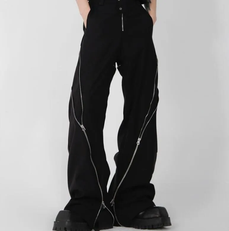 New Men's Pants Men Black Zipper Design Slit Slightly Flared Vertical Feeling Straight Casual Y2K Trousers