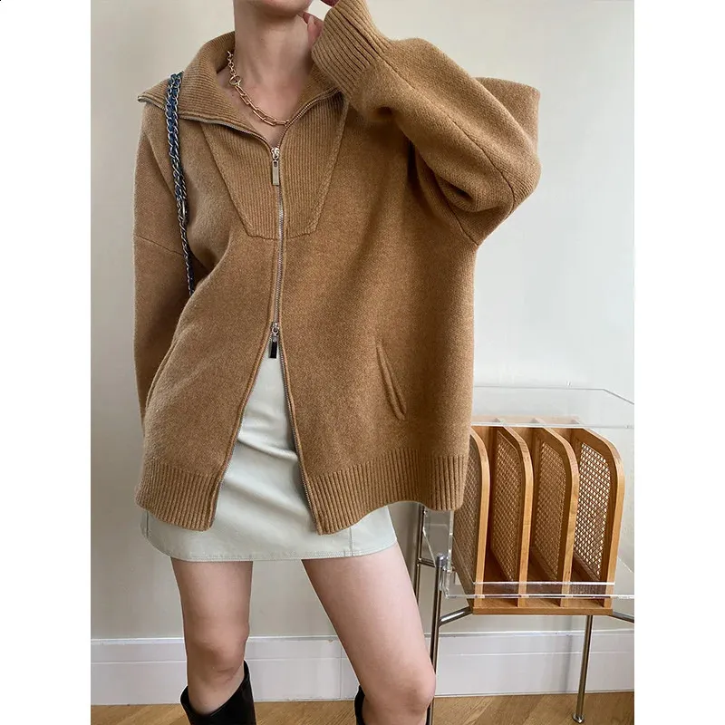 Womens Sweaters Double Zipper Fit Loose Polos Collared Oversized Knitted Cardigan Sweater 231116