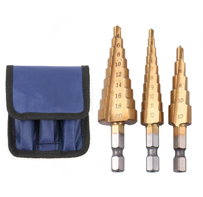 3PCS HSS Steel Titanium Step Bits Zestaw Stożka stożka Krojenie