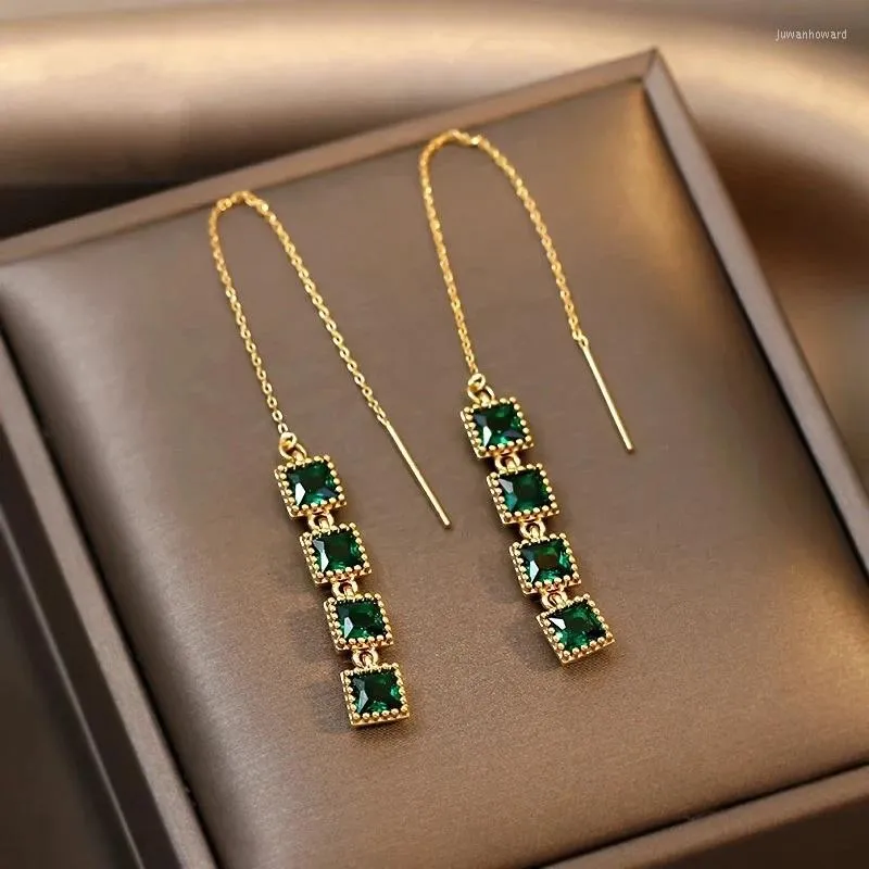 Boucles d'oreilles pendantes magnifique carré vert Zircon pierres gland oreille ligne bijoux coréens à la mode couleur or personnalité pour les femmes