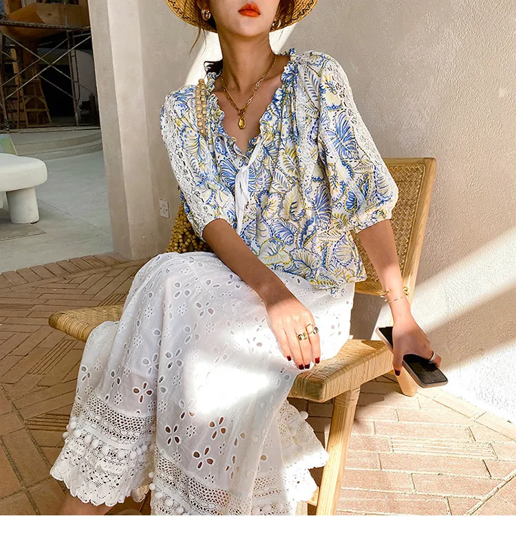 Floral Embroidery Long Skirt, White Cotton Summer Skirt For Women