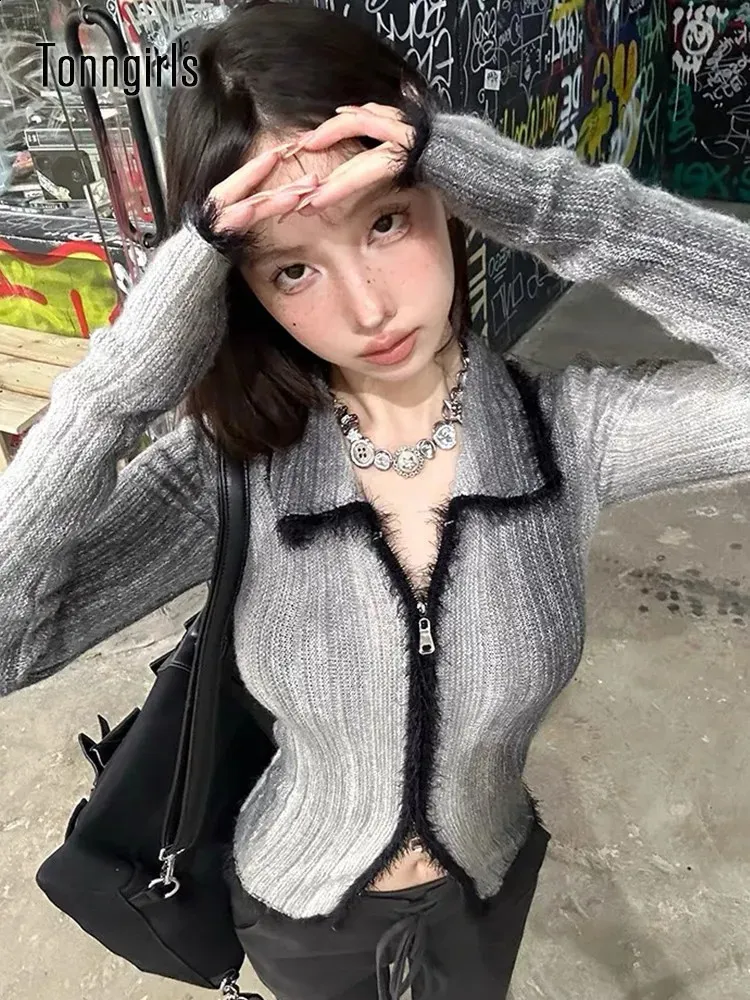 Women Swatters Tonngirls Gothic Sweater Knitowa krawat Dye Cardigan Patch Praca Y2K Vintage Top Street Clothing Korean Autumnwinter 231116