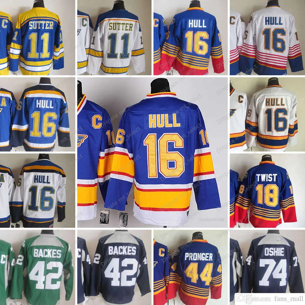 Filme CCM Vintage Hóquei no Gelo''nHl'' 16 Brett Hull Jerseys 11 Brian Sutter 18 Tony Twist 44 Chris Pronger 74 OSHIE 42 BACKES Homens Bordados Jersey