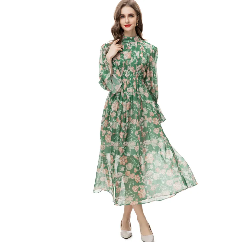 Women's Runway Dresses Stand Collar Long Sleeves Floral Printed High Street Fashion Mid Vestidos