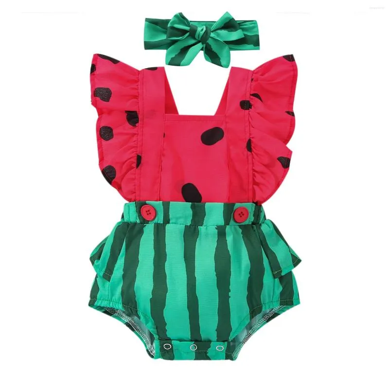 Rompertjes Born Baby Baby Meisjes Romper 2 Stuks Outfits Watermeloen Print Ontwerp Vierkante Hals Mouw Jumpsuits Hoofdband