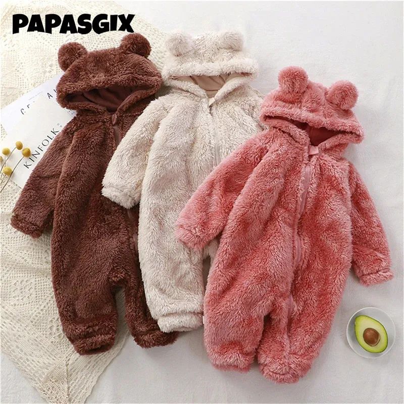 Pyjamas hiver chaud bébé barboteuse corail polaire dessin animé ours à capuche garçons filles né infantile combinaison vêtements doux pyjama salopette 0-5 ans 231117