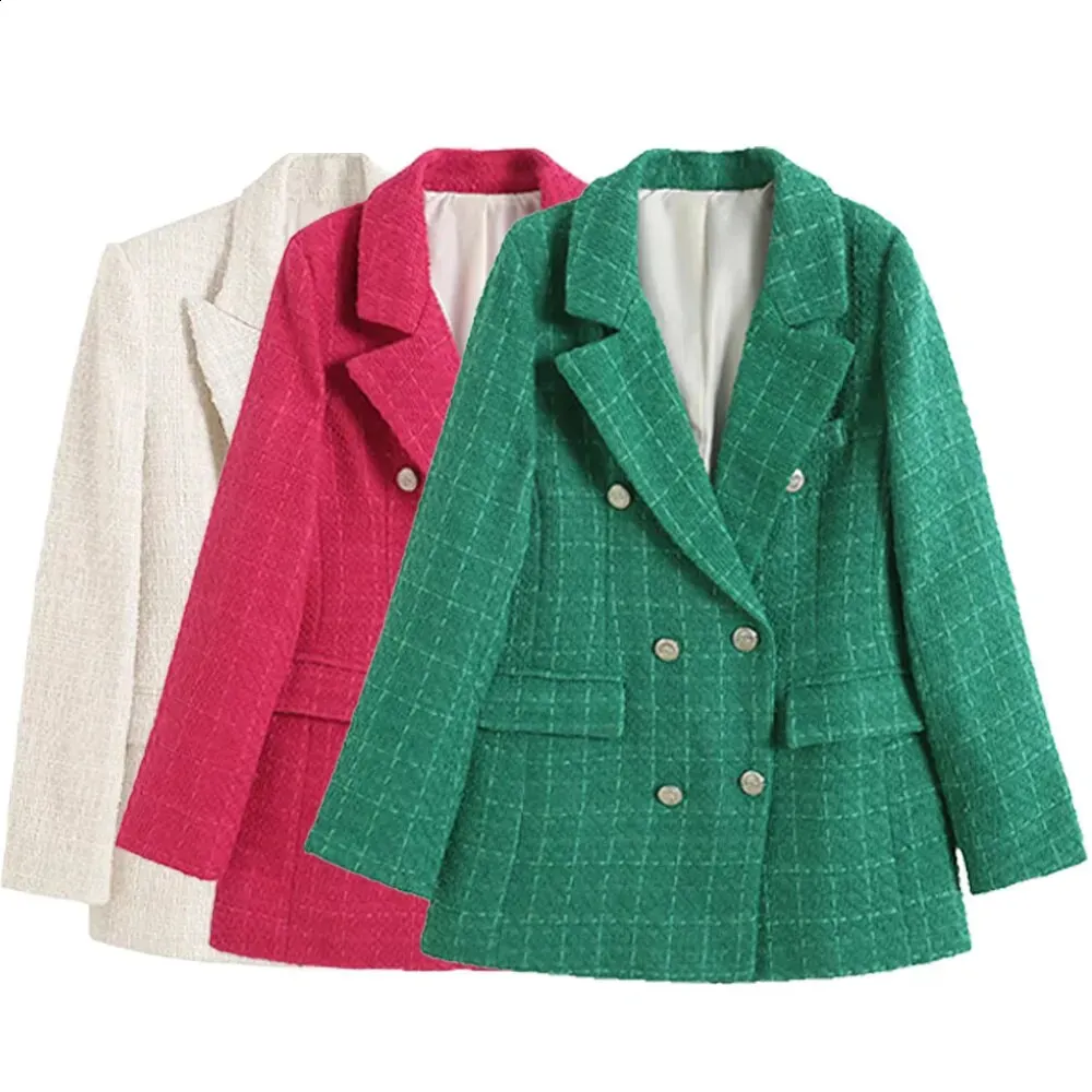 Costumes pour femmes Blazers Femmes mode Double boutonnage pied-de-poule Blazer manteau Vintage à manches longues poches à rabat vêtements de dessus pour femmes Chic Vestes 231116