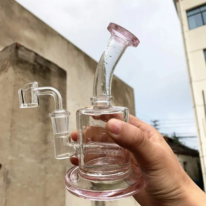 Mini Bong Recycler Oil Dab Rig Glas Wasserpfeife Pink Samll 4 Farben 14mm Glas Banger Joint Rohre zum Rauchen von Dabs Bubbler billiges berauschendes Glas