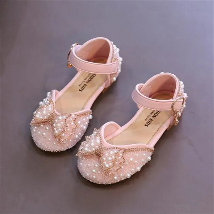 Enfants sandales diamant enfants chaussures en cuir été arc filles fête danse chaussure fond souple antidérapant bébé brillant princesse chaussures