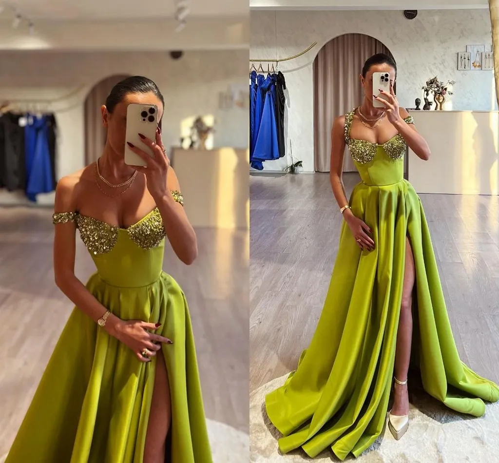 Vert sexy une ligne robes de bal longue pour les femmes licou cou pailleté longueur de plancher haut côté fendu anniversaire reconstitution historique célébrité robes de soirée formelles Ocns