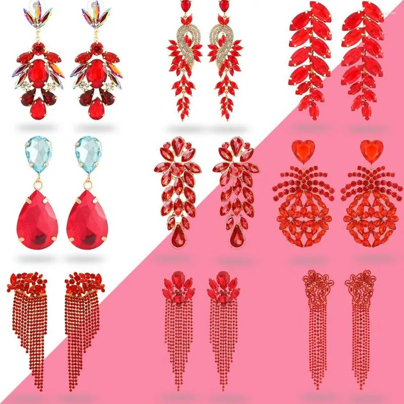 Dangle Küpe Kırmızı Serisi Rhinestone Düğün Partisi Uzun Damla Kadınlar Modaya Desen Lüks Cazibe Geometrik Sparkly Kolye Takı