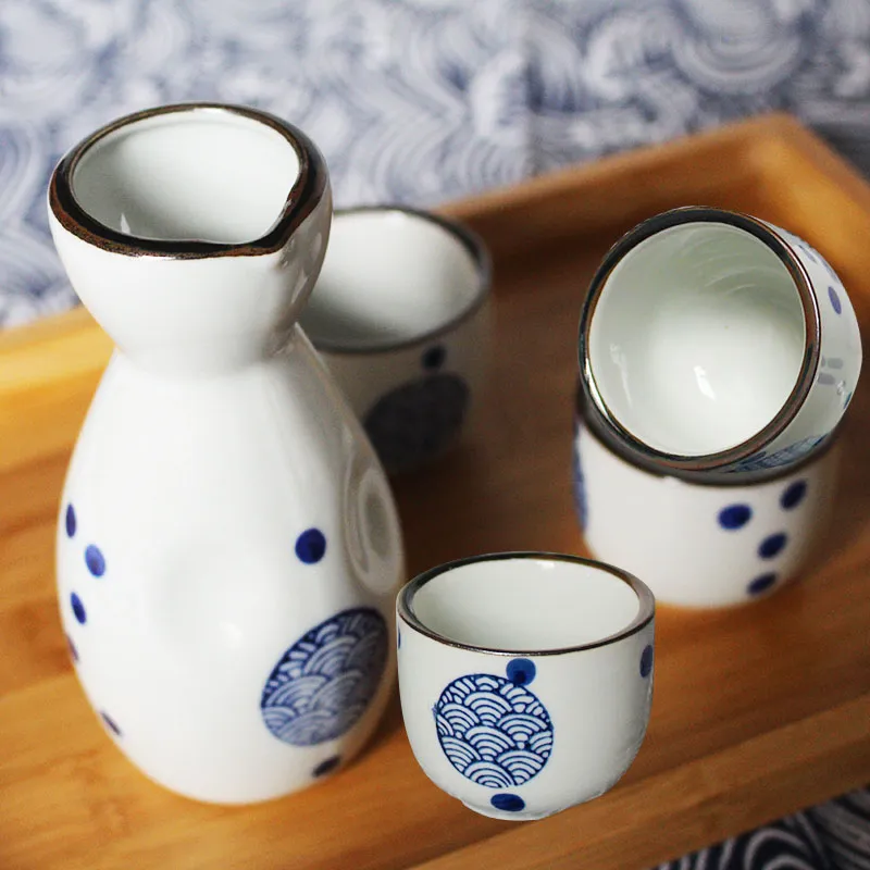 Japanese Wave Style Ceramic Sake Set Sake Drinkware For Four