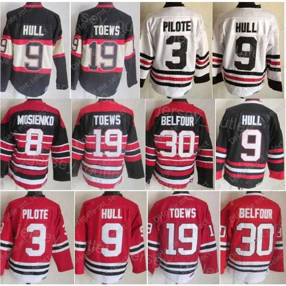 Männer Retro Hockey''nHl'' 30 Ed Belfour Jersey Vintage Classic 19 Jonathan Toews 3 Pierre Pilote 9 Bobby Hull 8 Bill Mosienko Team Schwarz Rot Weiß