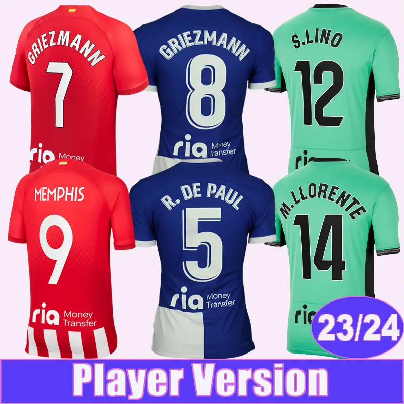 2023 24 Koke Player Version Soccer Jerseys Griezmann Memphis Correa Molina Reinildo R.de Paul Home Red and White Away 3rd Football Shirts Uniforms