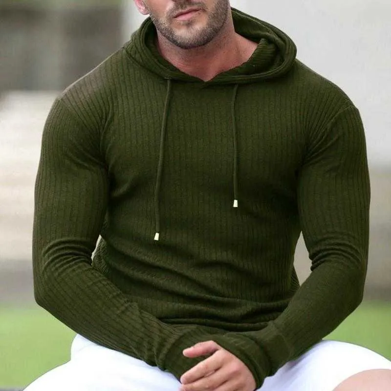 Muscle Fitness Knitted Hoodie Mens Long Sleeve Pullover For