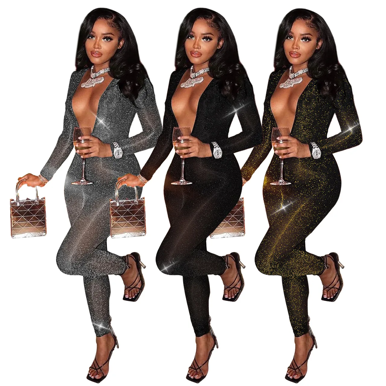Designer Sexy Backless Jumpsuits Women Fall Bodycon Rompers Long Sleeve Hollow Out Deep see through V Neck Jumpsuits Night Club Wear Wholesale Clothes 042