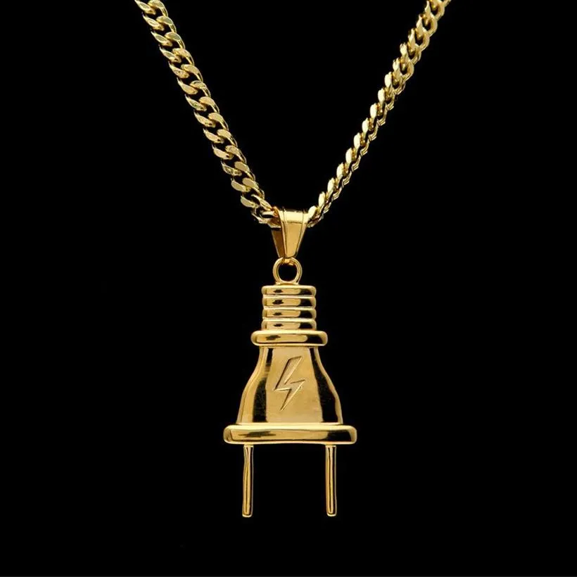 Collier pendentif avec prise d'éclairage Hip Hop pour hommes plaqué or 14K avec chaîne à maillons cubains de 70cm de Long, bijoux 282C