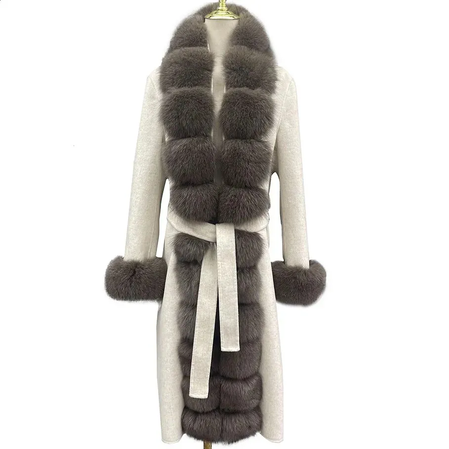 Mélanges de laine pour femmes JANEFUR manteau dames Long 2023 mode luxe réel fourrure garniture cachemire manteaux ceinture élégant naturel vêtements d'extérieur d'hiver 231116