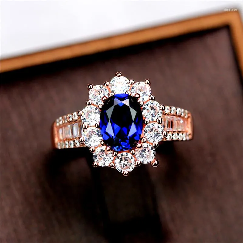 Cluster Rings Luxury Female Natural Blue Sappphire Ring Promise Rose Gold Engagement Crystal Solitaire Oval Wedding For Women