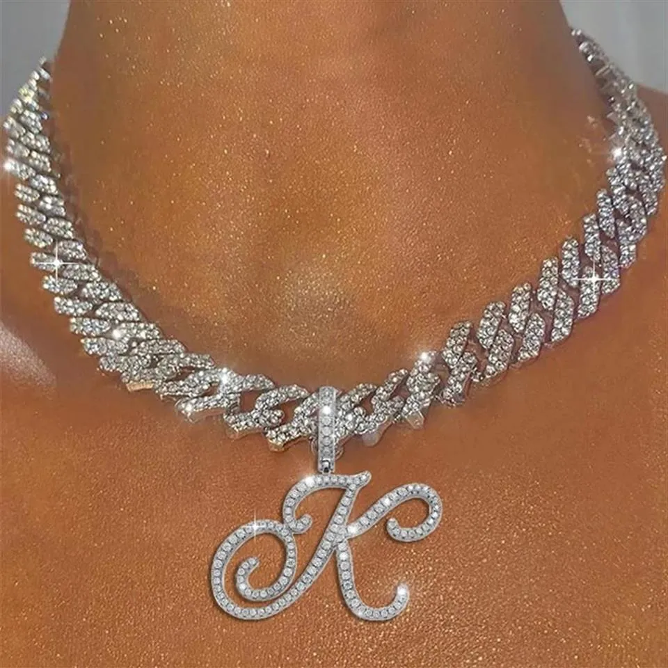 Chains A-Z Cursive Letter Pendant Iced Out Cuban Necklace For Women Initial Zircon Link Chain Choker Rock Hip Hop JewelryChains275Q