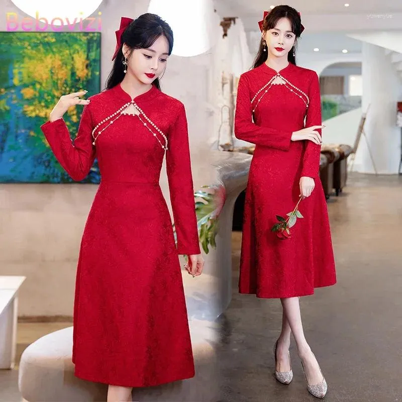 الملابس العرقية على الطراز الصيني Qipao فستان آسيوي حديث للنساء الأكمام الطويلة Cheongsam Evening Wear High Gear Year Cny