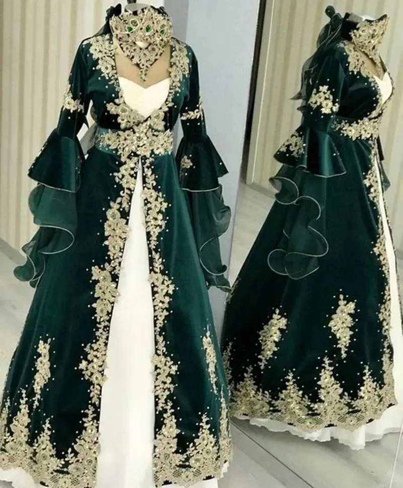 2024 Elegant Green Kaftan Turkish Evening Dresses For Women Flare Long Sleeves Velvet A-Line Formal Party Gowns Arabic Dubai Gelinlik Prom special Occasion Wear