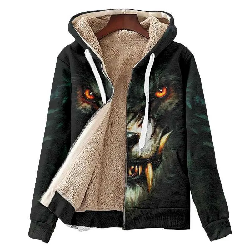 Herrjackor termiska överdimensionerade fleece vinterjacka 3D trend personlighet tryckt kofta mode cool stil varg windbreaker zip up hoodie j231116